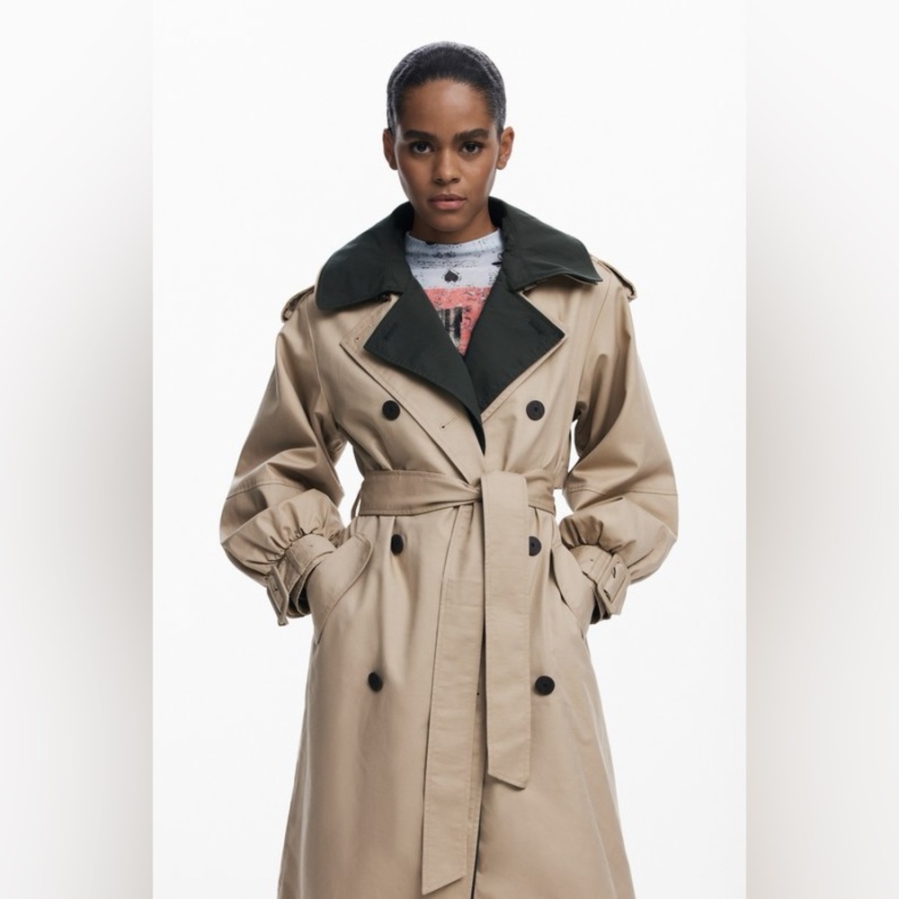 The Kooples Coat Womens Large Beige Black Faux Leather Collar Belted Trench